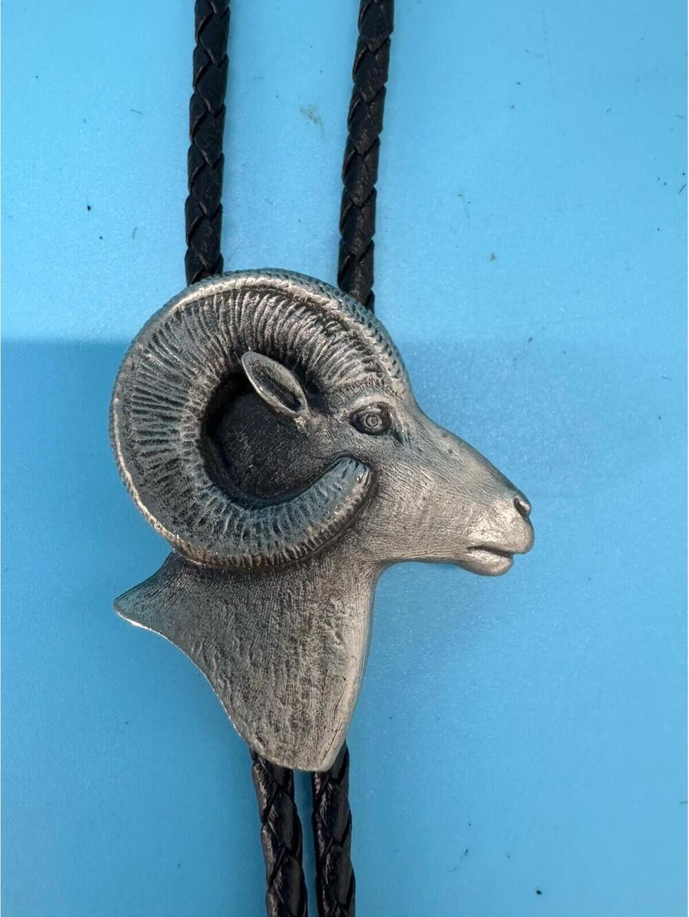 Vintage Hand Engraved Bighorn Ram Black Leather Braided Bolo Tie Artist Sid Bell